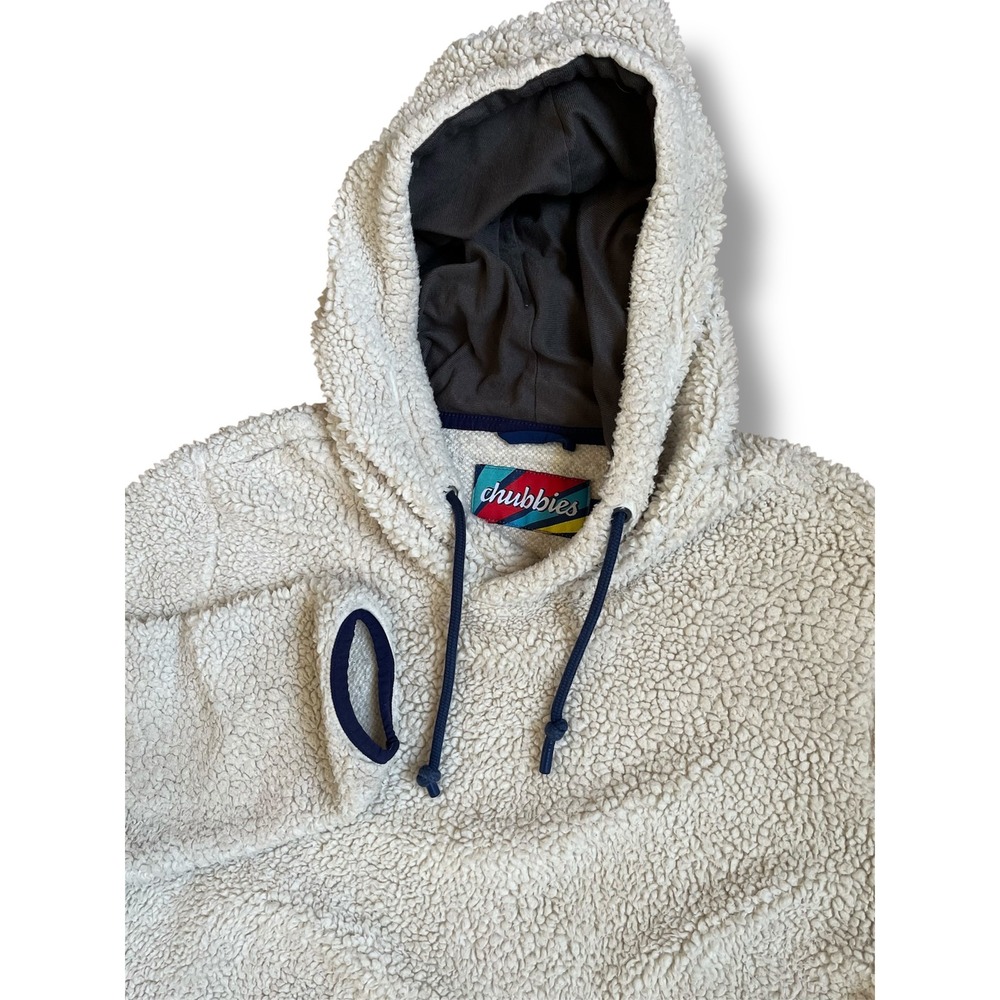 Chubbies Mens Sherpa Fleece Hoodie Cream Navy Blue Pullover Large Zipper Pockets